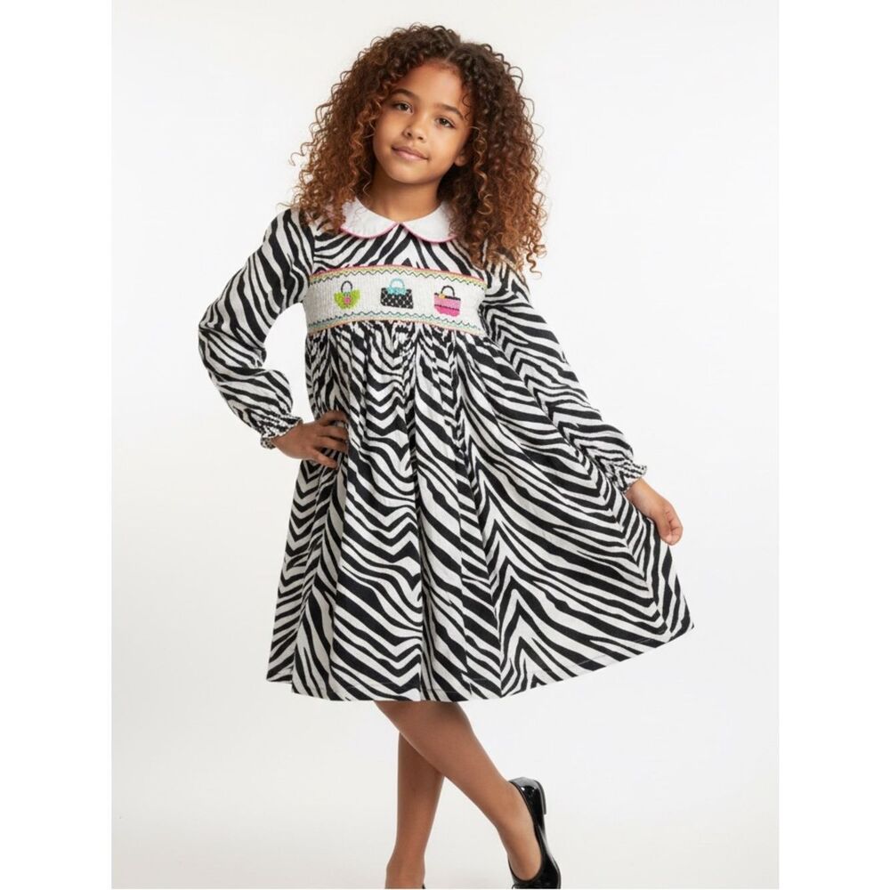 Marmellata Girls Zebra Print Smocked Dress with Handbag Embroidery size 5